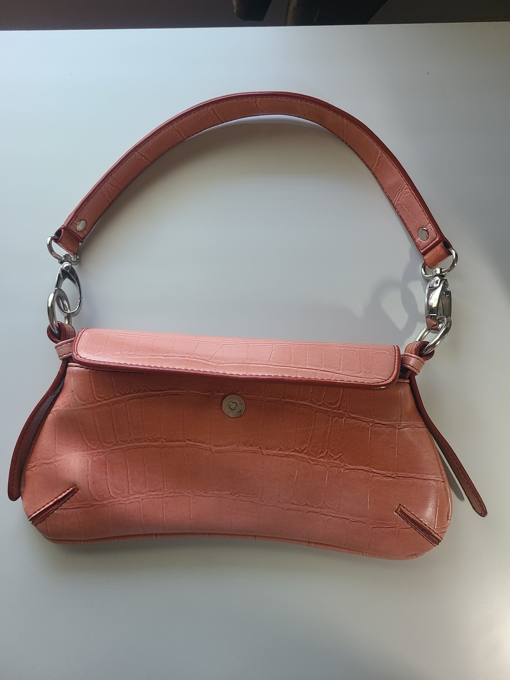Croc-Embossed Salmon Shoulder Bag with Silver Hardware
